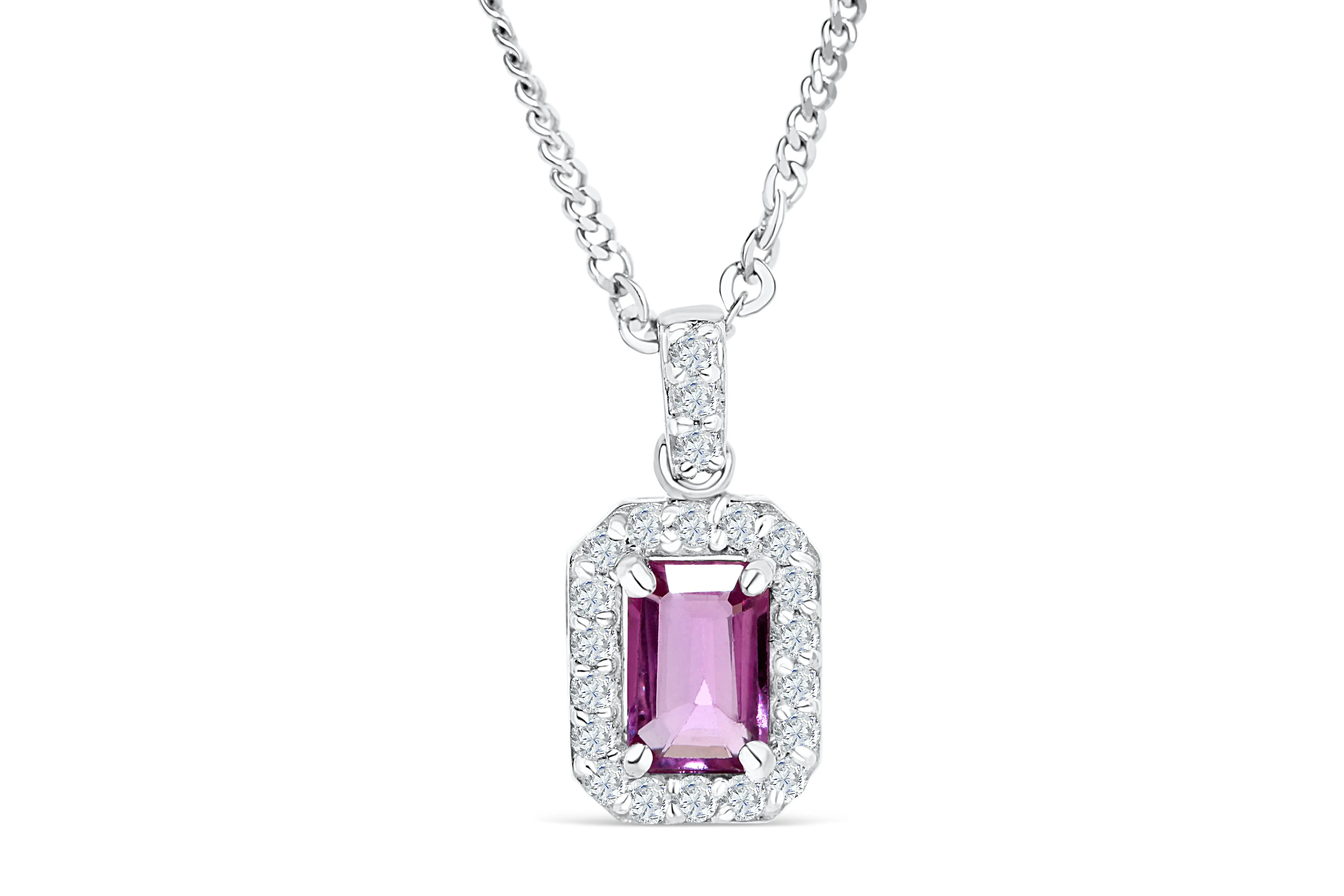 0.58 CT Halo Emerald Cut Pink Sapphire Diamond Pendant 0.20 CT TW 14K White Gold PSPEN002