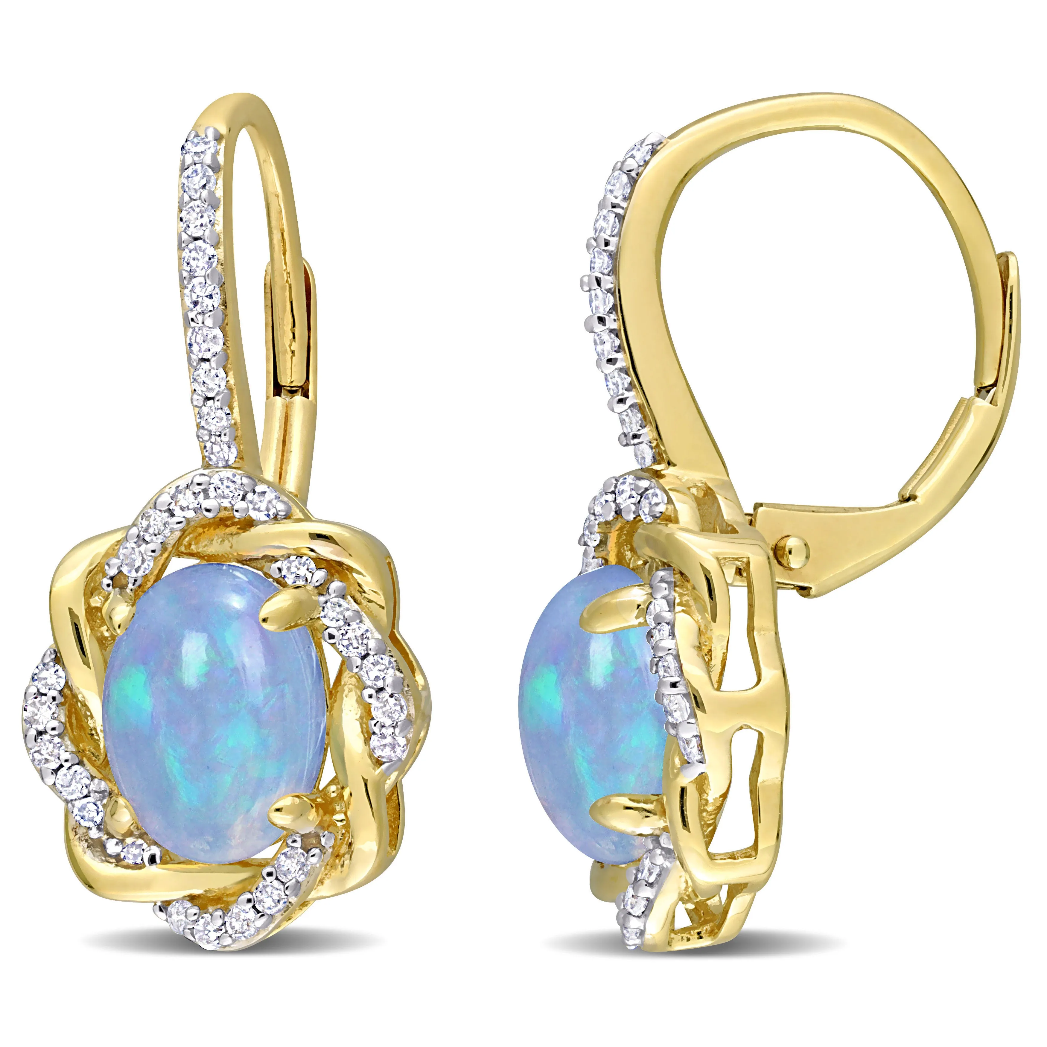 1 1/2 CT TGW Blue Ethiopian Opal and 1/4 CT TW Diamond Halo Leverback Earrings in 10K Yellow Gold