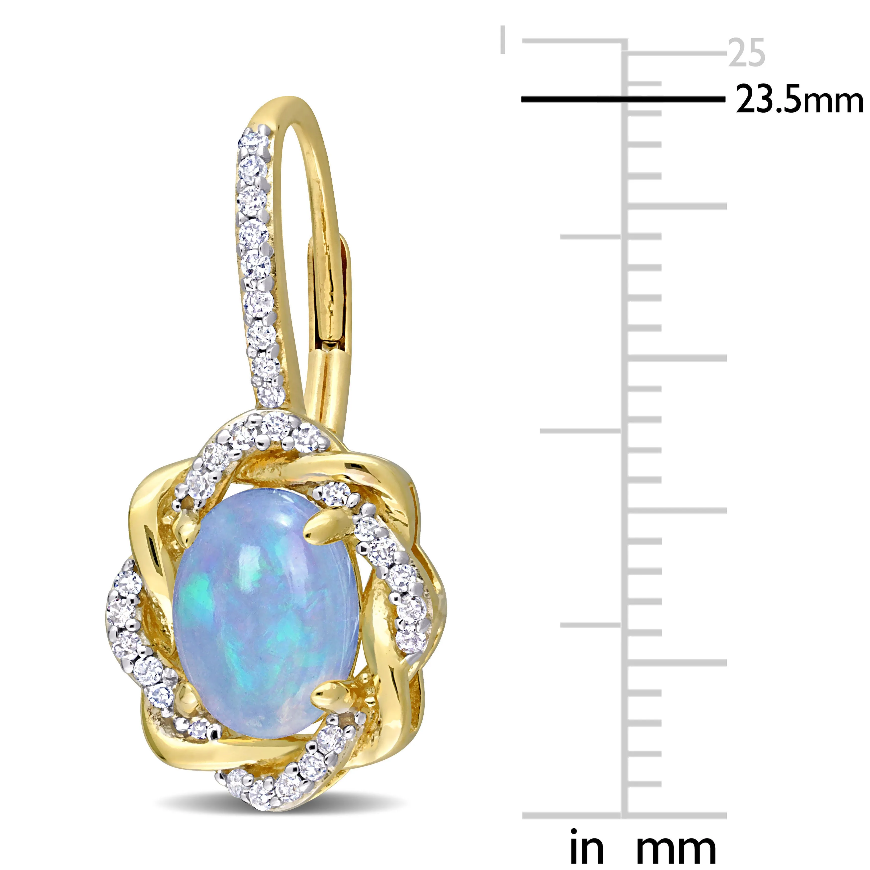 1 1/2 CT TGW Blue Ethiopian Opal and 1/4 CT TW Diamond Halo Leverback Earrings in 10K Yellow Gold