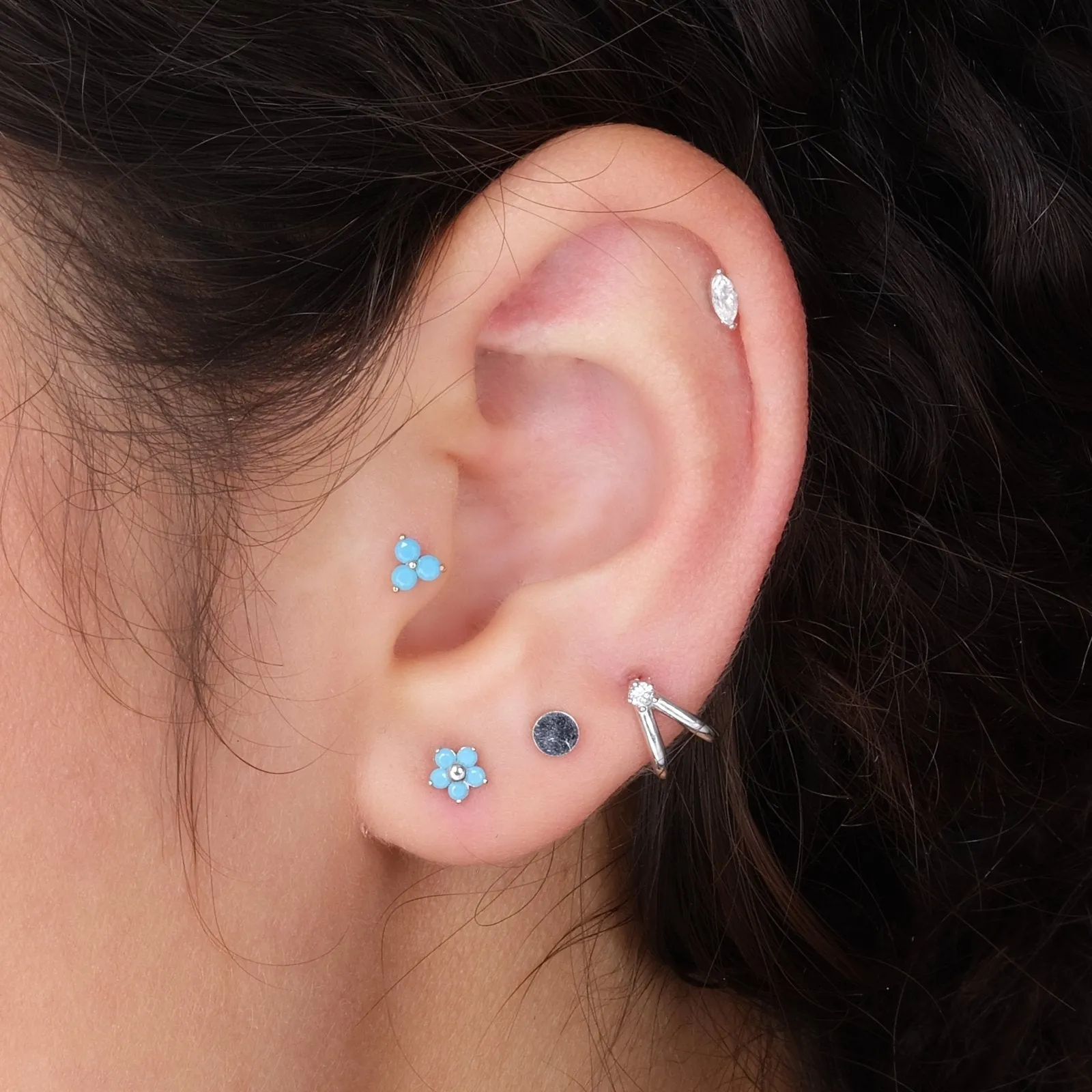 14k Gold Turquoise Flower Tragus Helix Internally Threaded Flower Flat Back Earring Labret Stud