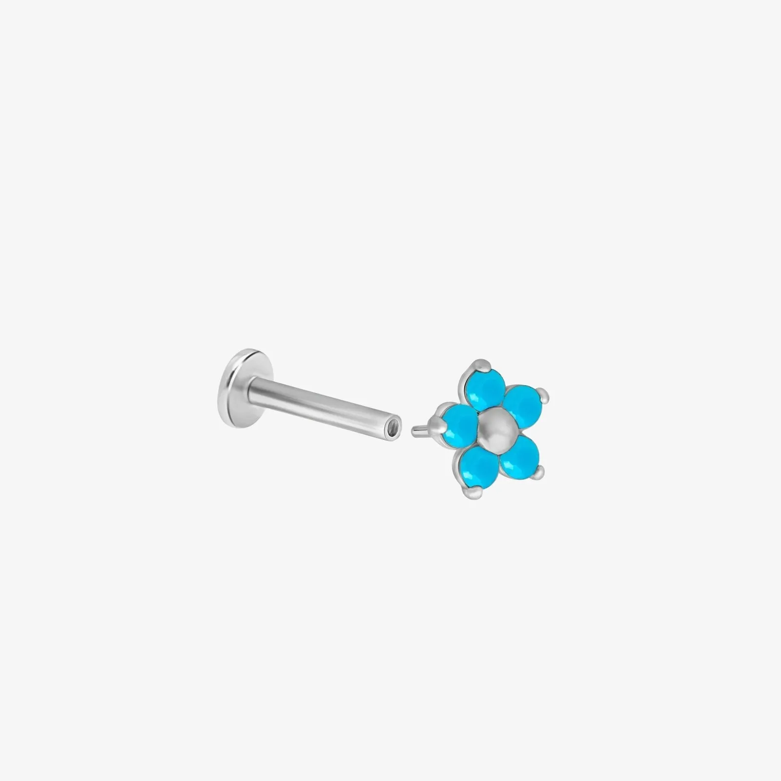 14k Gold Turquoise Flower Tragus Helix Internally Threaded Flower Flat Back Earring Labret Stud