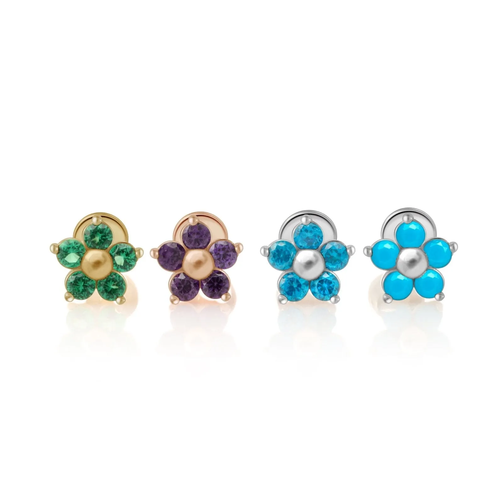 14k Gold Turquoise Flower Tragus Helix Internally Threaded Flower Flat Back Earring Labret Stud