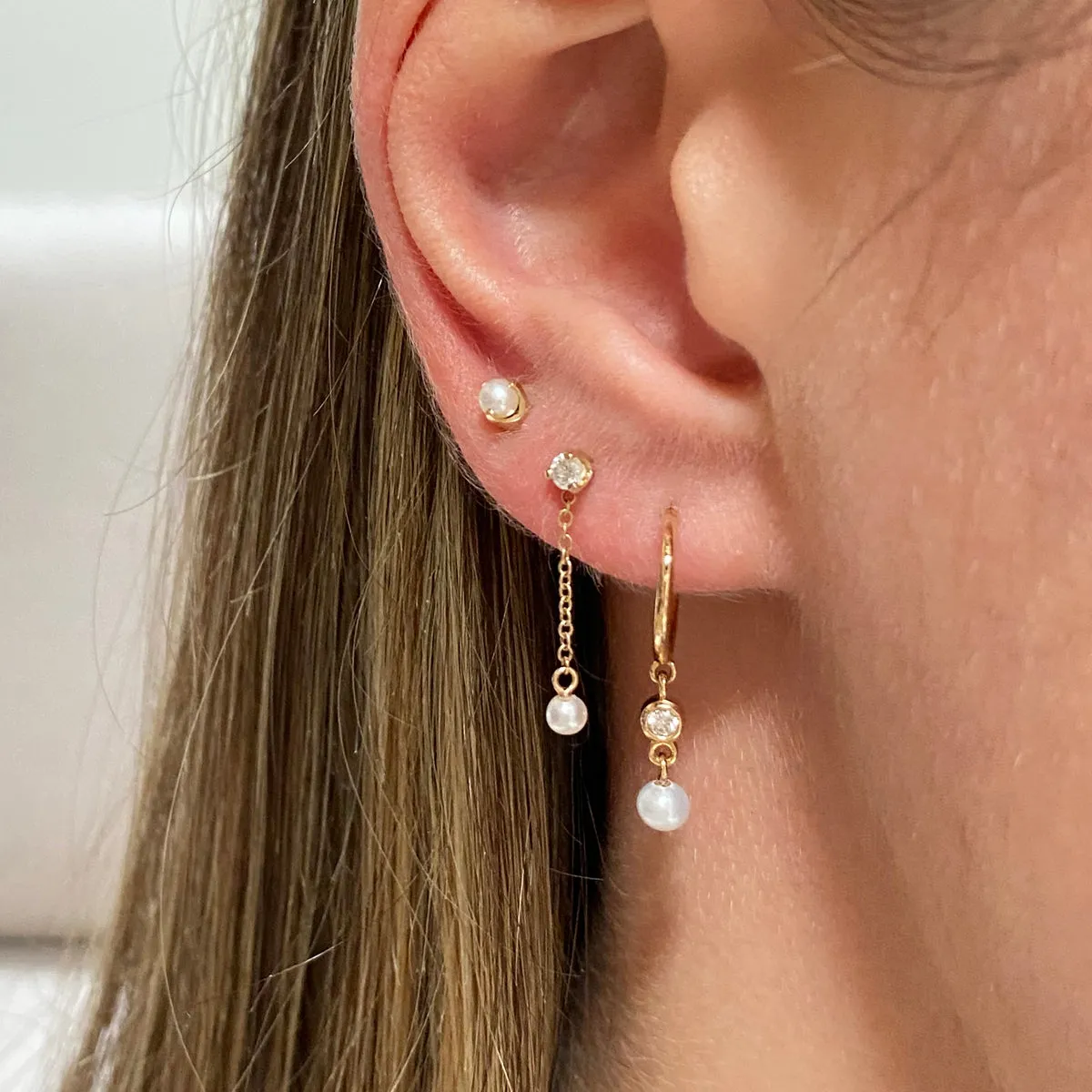 14k Prong Diamond & Tiny Pearl Chain Drop Earrings