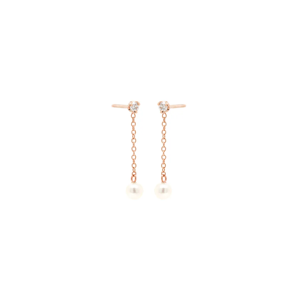 14k Prong Diamond & Tiny Pearl Chain Drop Earrings