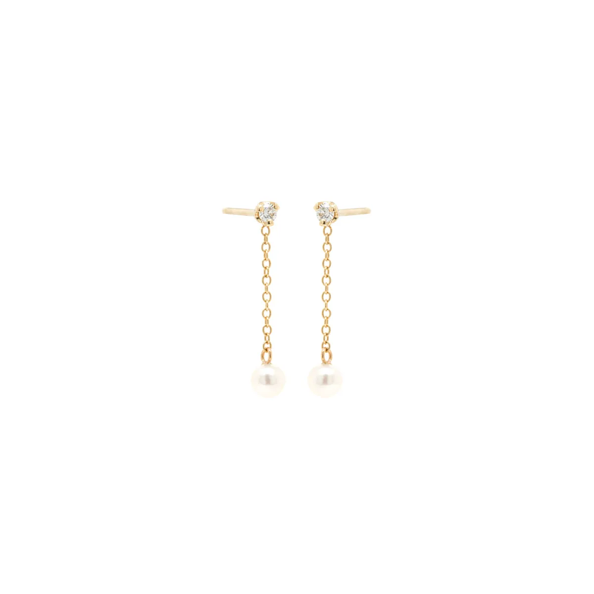 14k Prong Diamond & Tiny Pearl Chain Drop Earrings