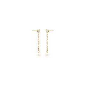 14k Prong Diamond & Tiny Pearl Chain Drop Earrings