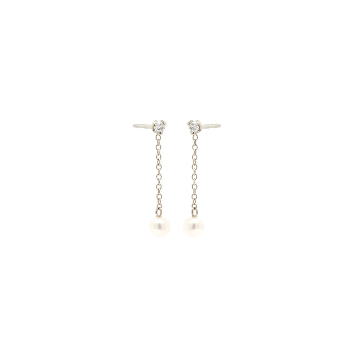 14k Prong Diamond & Tiny Pearl Chain Drop Earrings