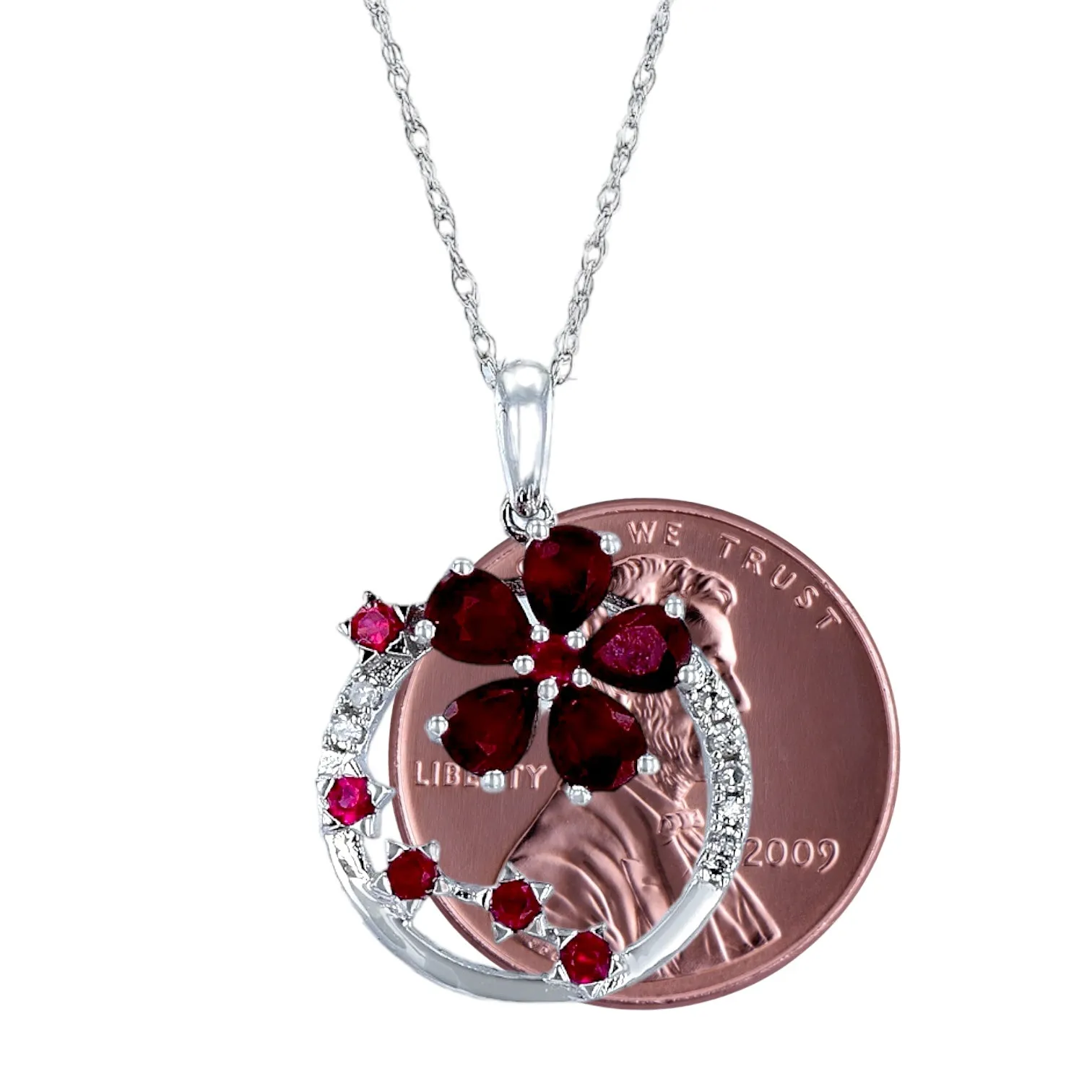 14k White gold clovers ruby and diamonds necklace-17772