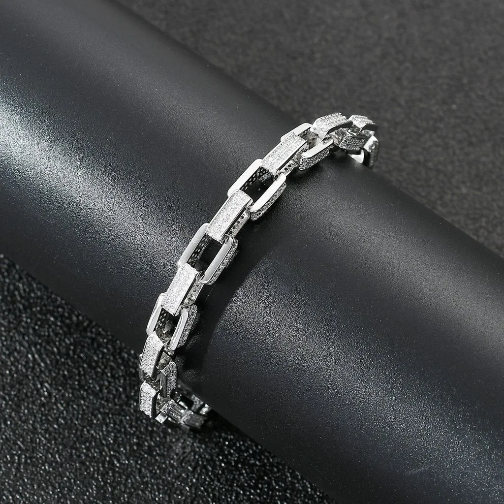 8mm Iced Box Link Bracelet in White Gold Plating