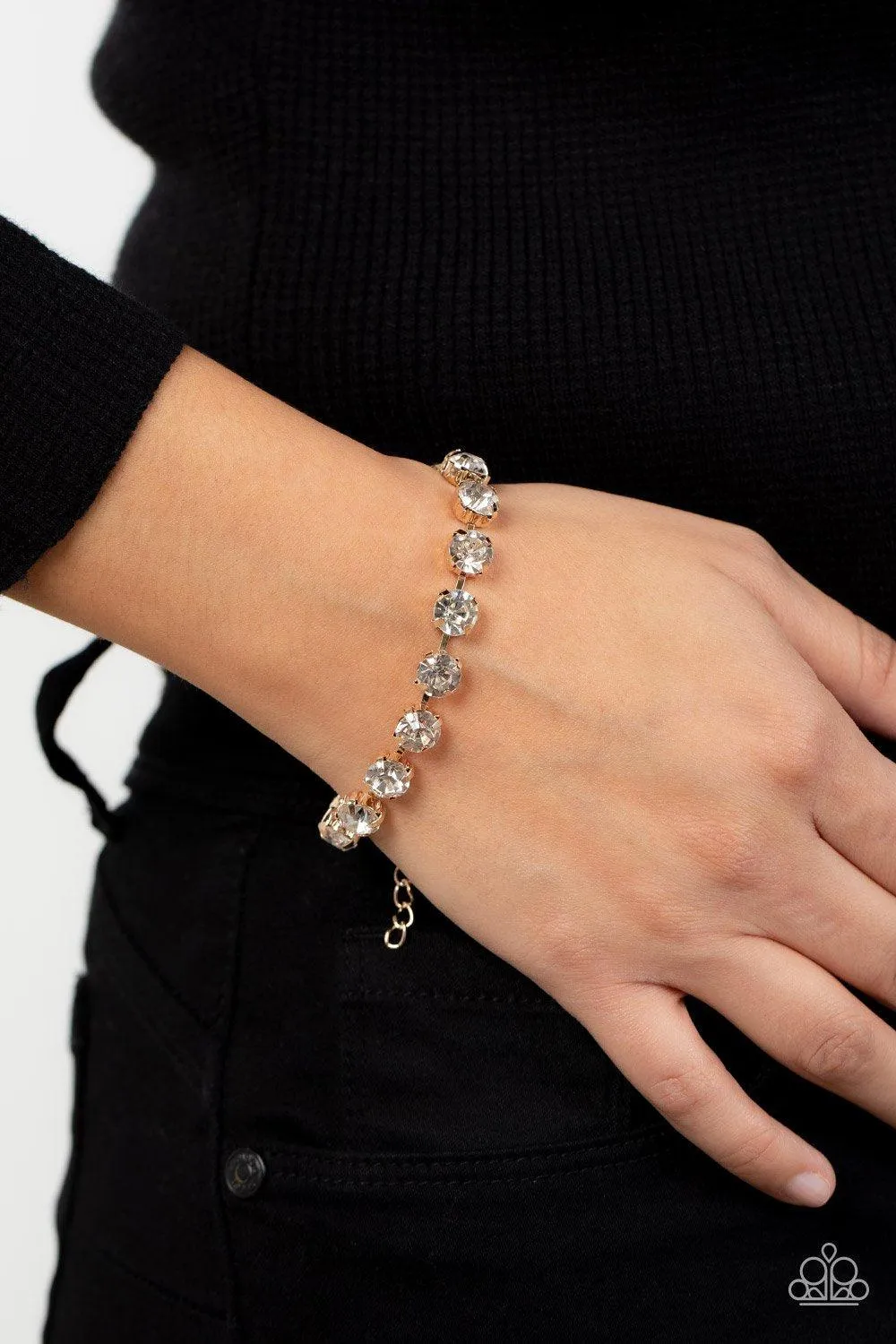 A-Lister Afterglow Gold and White Rhinestone Bracelet - Paparazzi Accessories