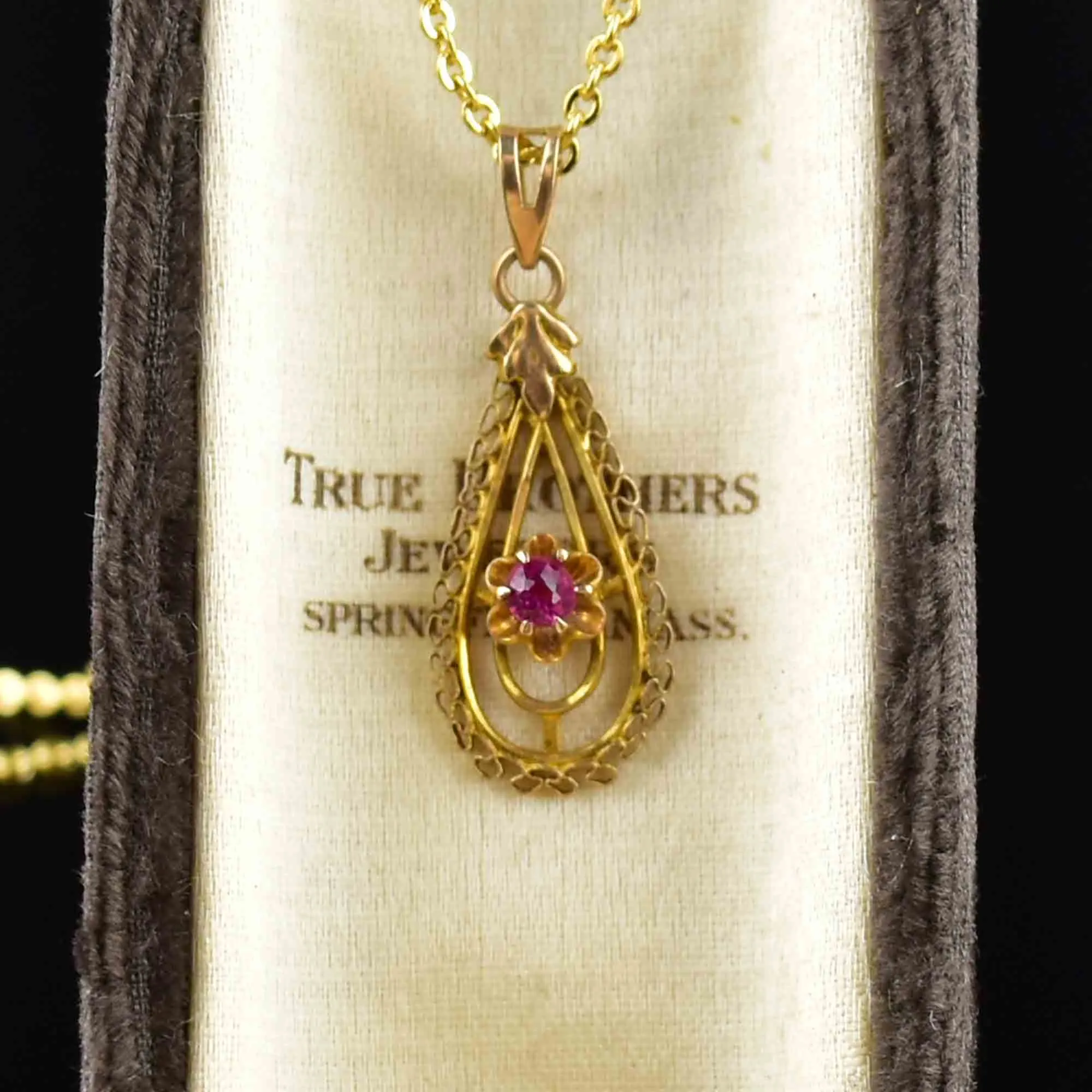 Antique 10K Gold Ruby Lavalier Pendant Necklace