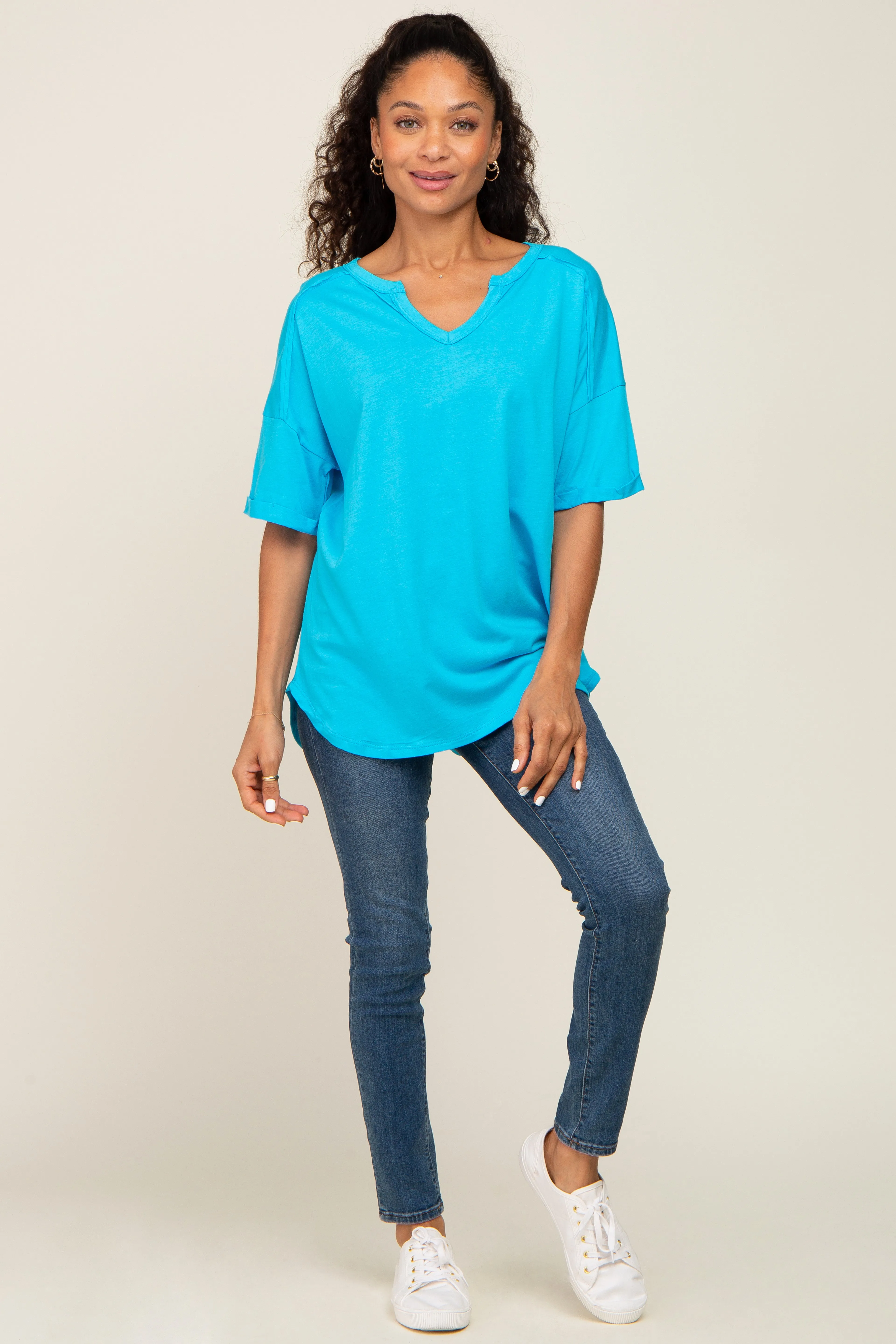 Aqua Oversized V-Neck Cuffed Short Sleeve Tee