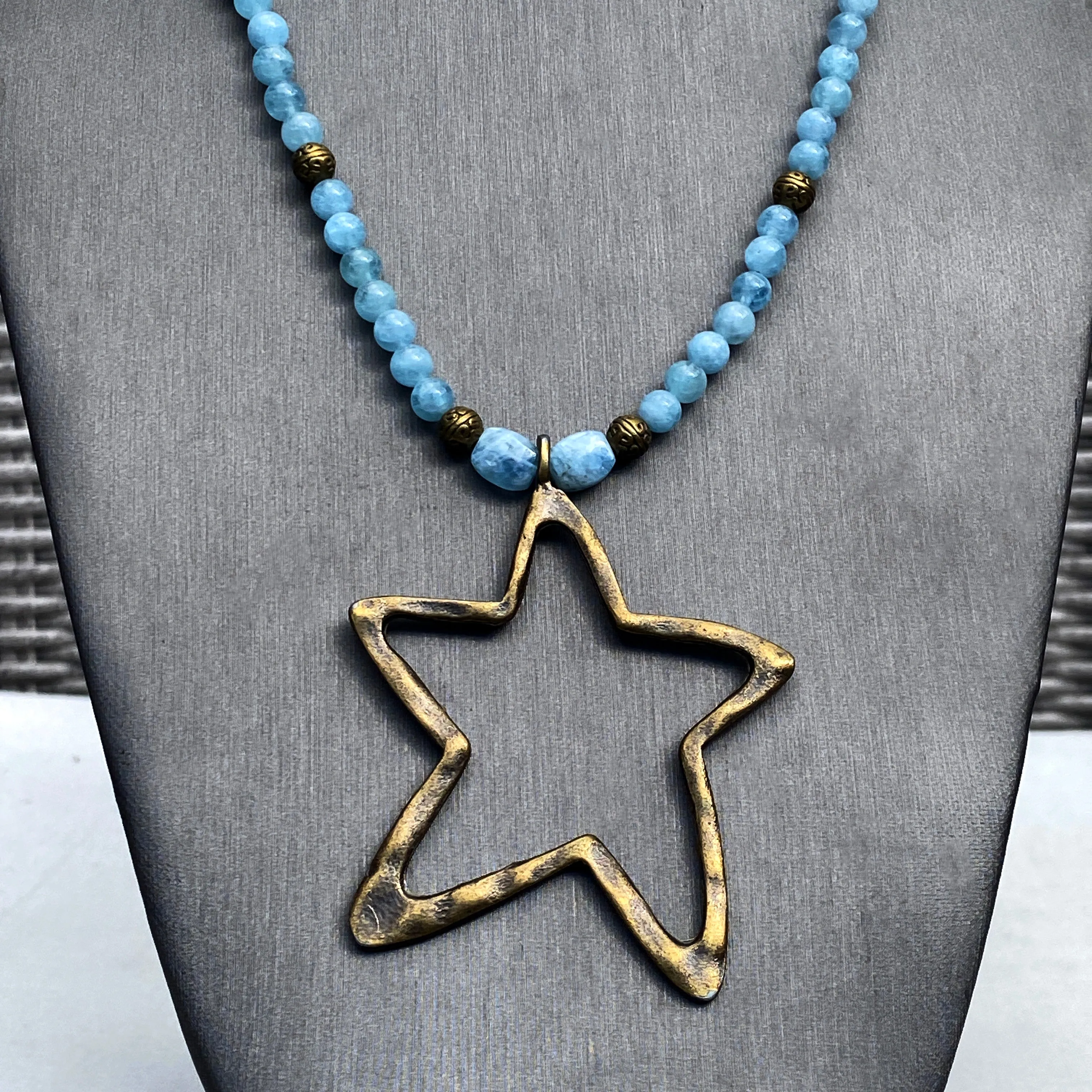 Aquamarine and Brass Star pendant Necklace