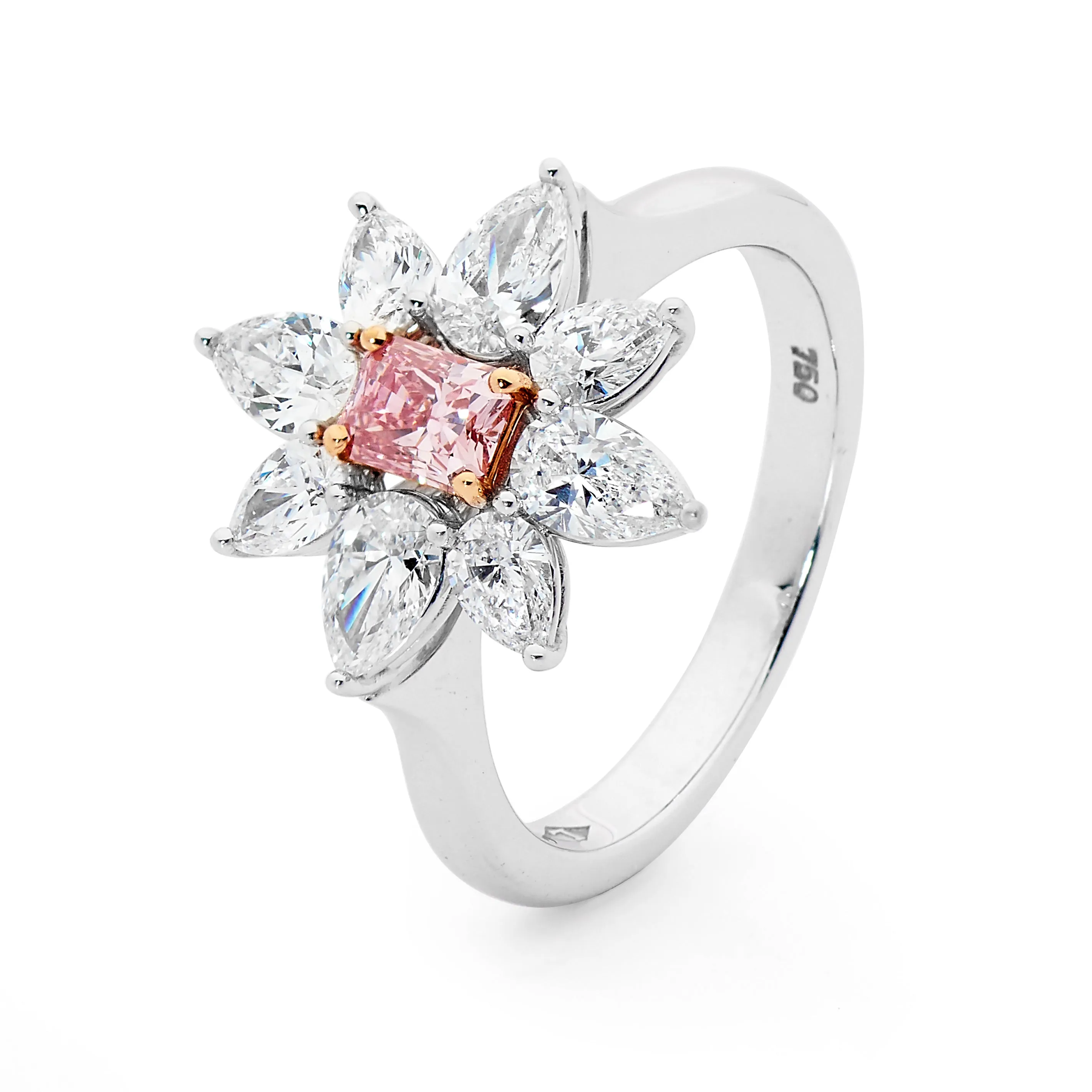 Argyle Pink & 8 Pear Cut White Diamond Ring