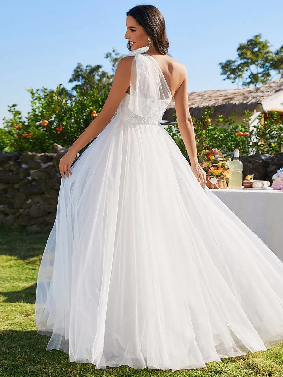 Asymmetric Printed Sleeveless Wedding Gown with Bow Detail