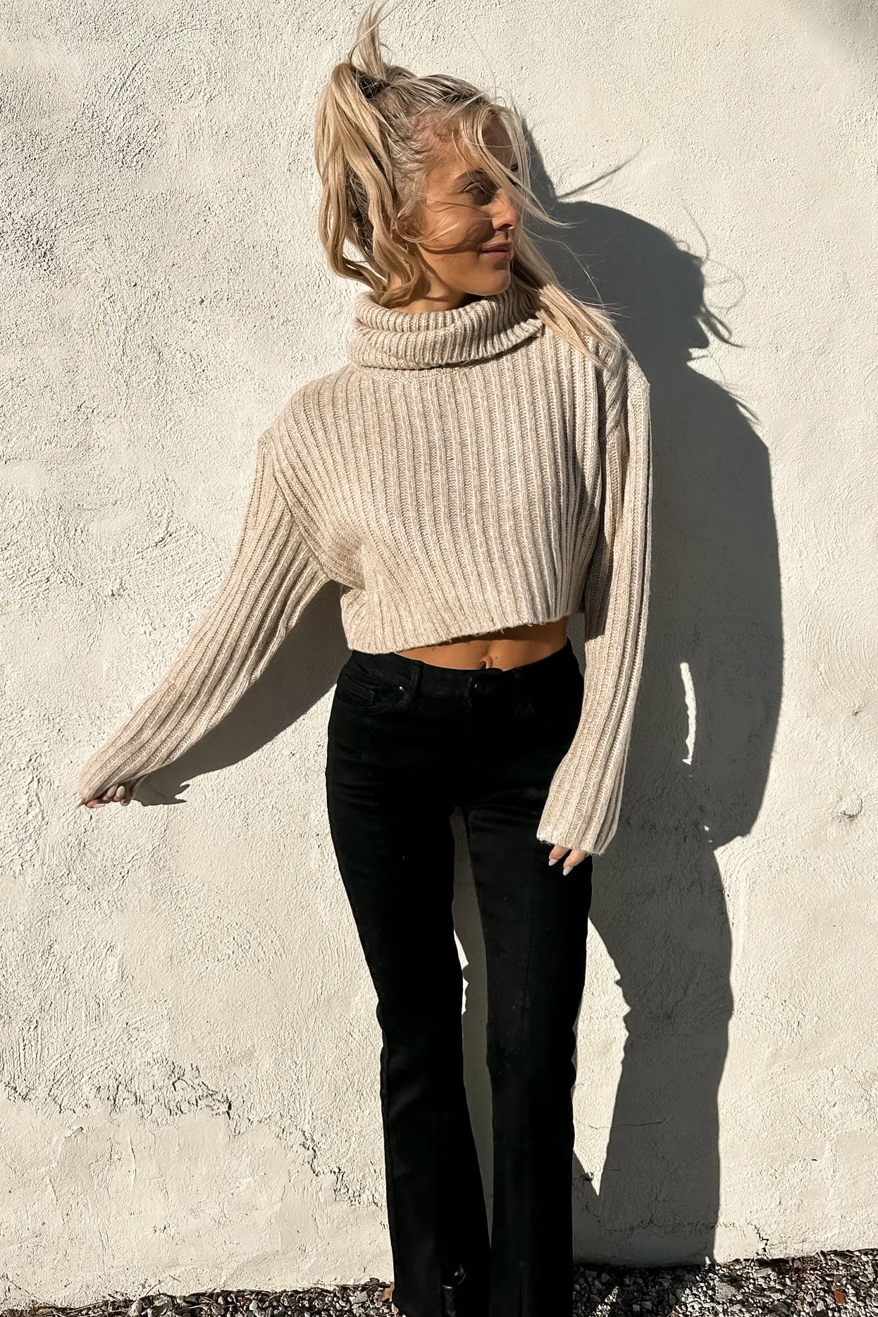 Aurora Crop Turtleneck Sweater Flax- FINAL SALE