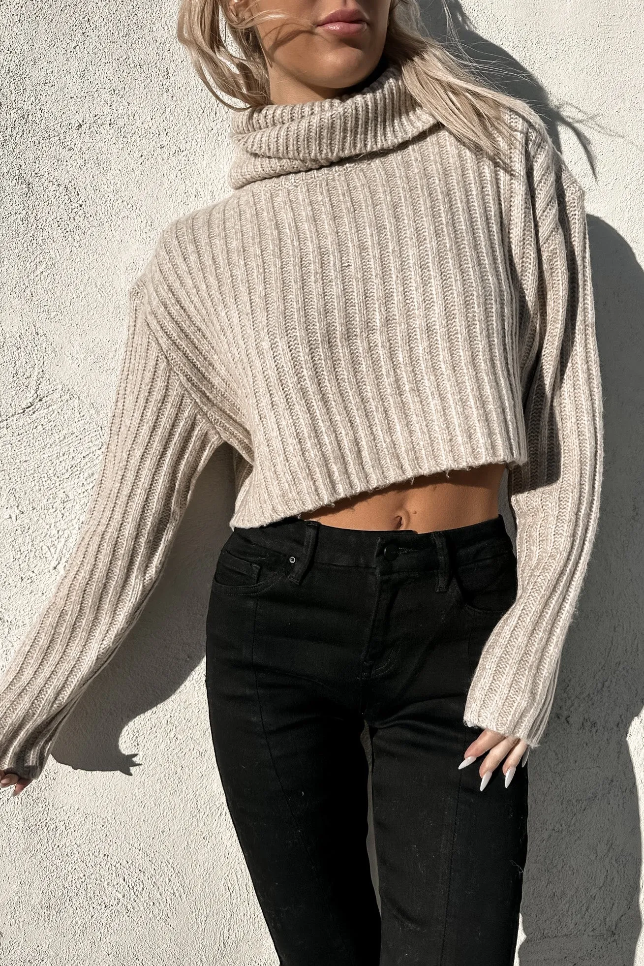 Aurora Crop Turtleneck Sweater Flax- FINAL SALE