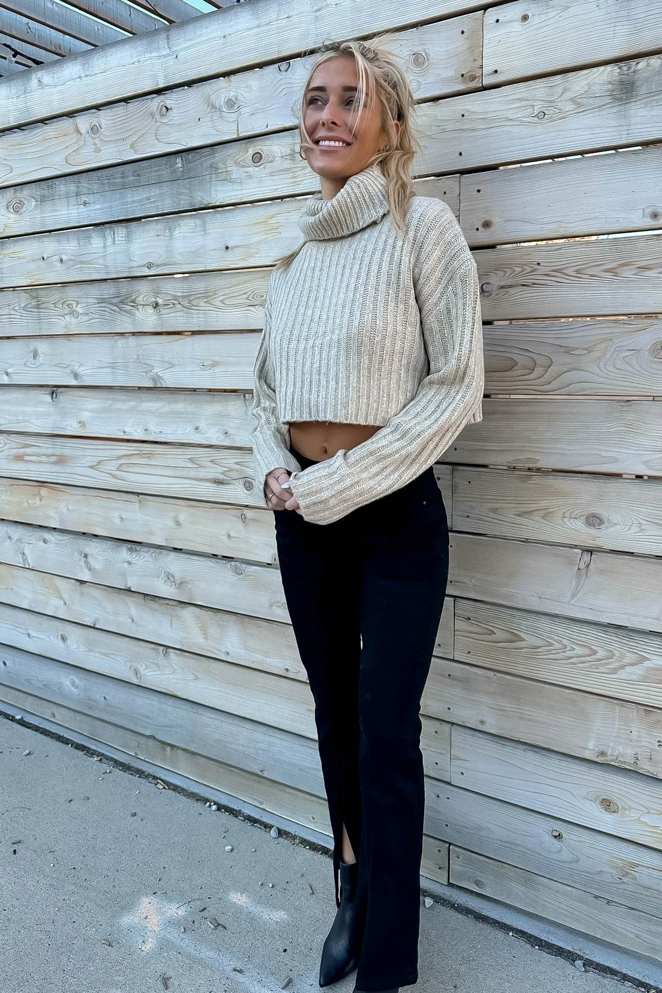 Aurora Crop Turtleneck Sweater Flax- FINAL SALE