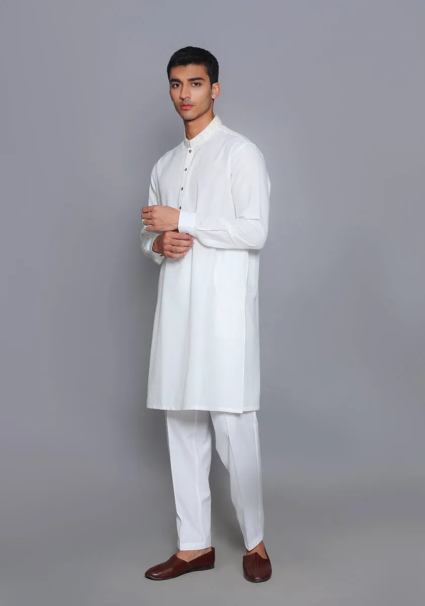 Basic Cotton Silk Cloud Dancer Slim Fit Embroidered Suit