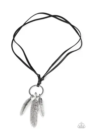 Bird Watcher Black Leather and Silver Feather Urban Necklace - Paparazzi Accessories