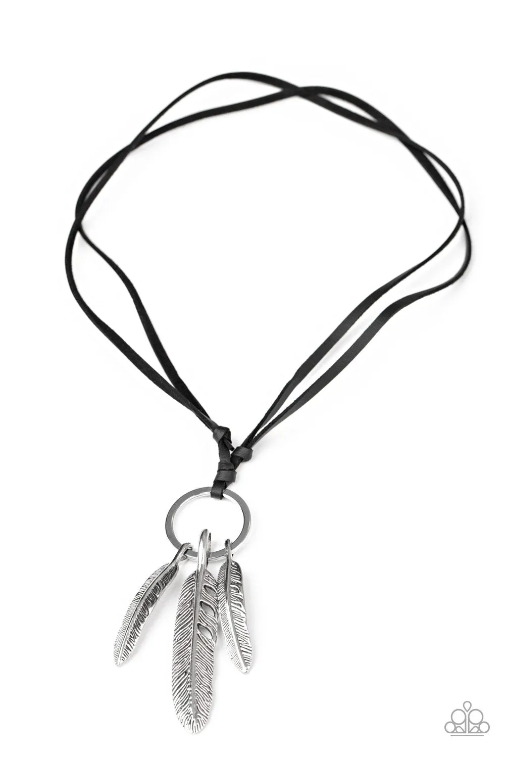 Bird Watcher Black Leather and Silver Feather Urban Necklace - Paparazzi Accessories