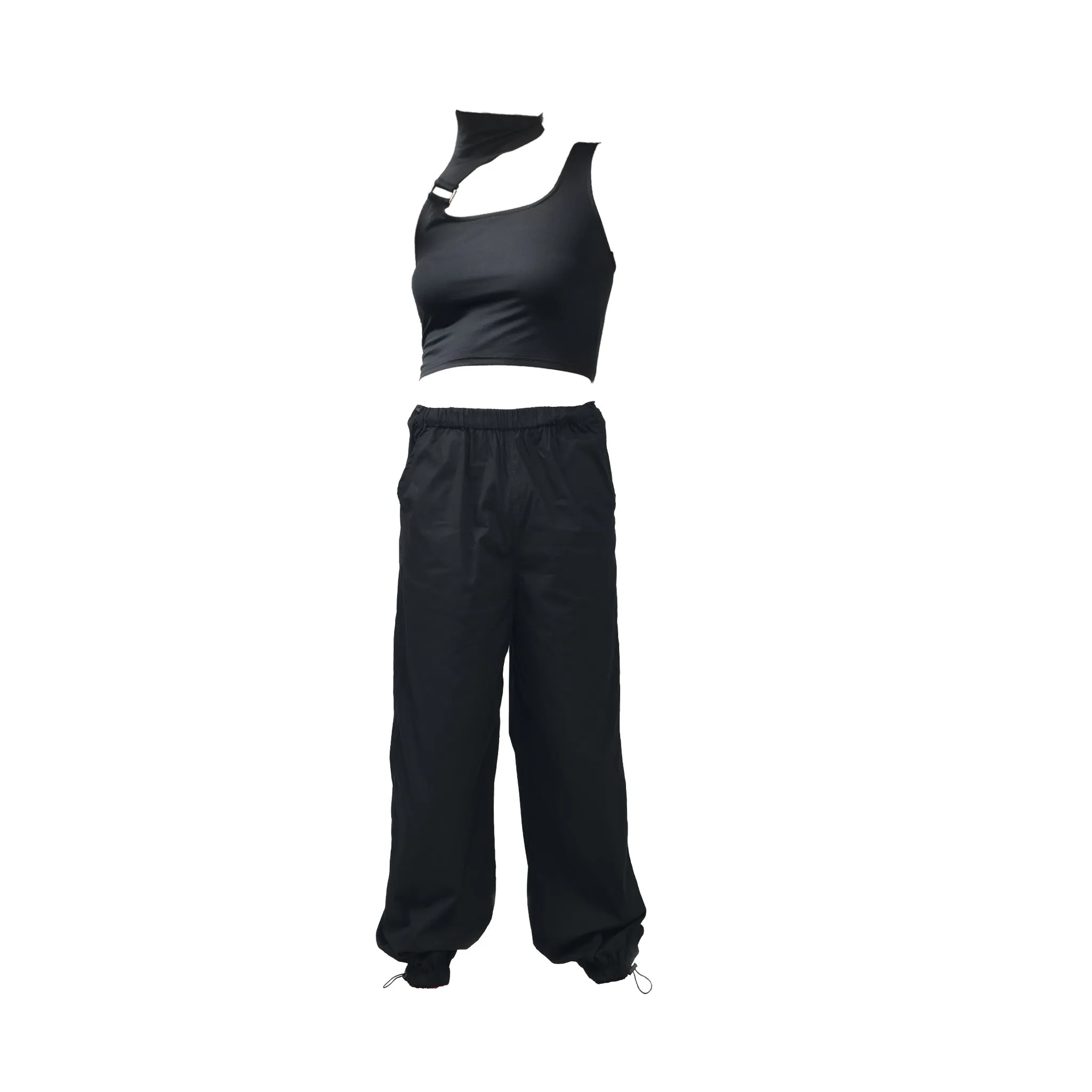 Black Buckle Top & Black Parachute Pants