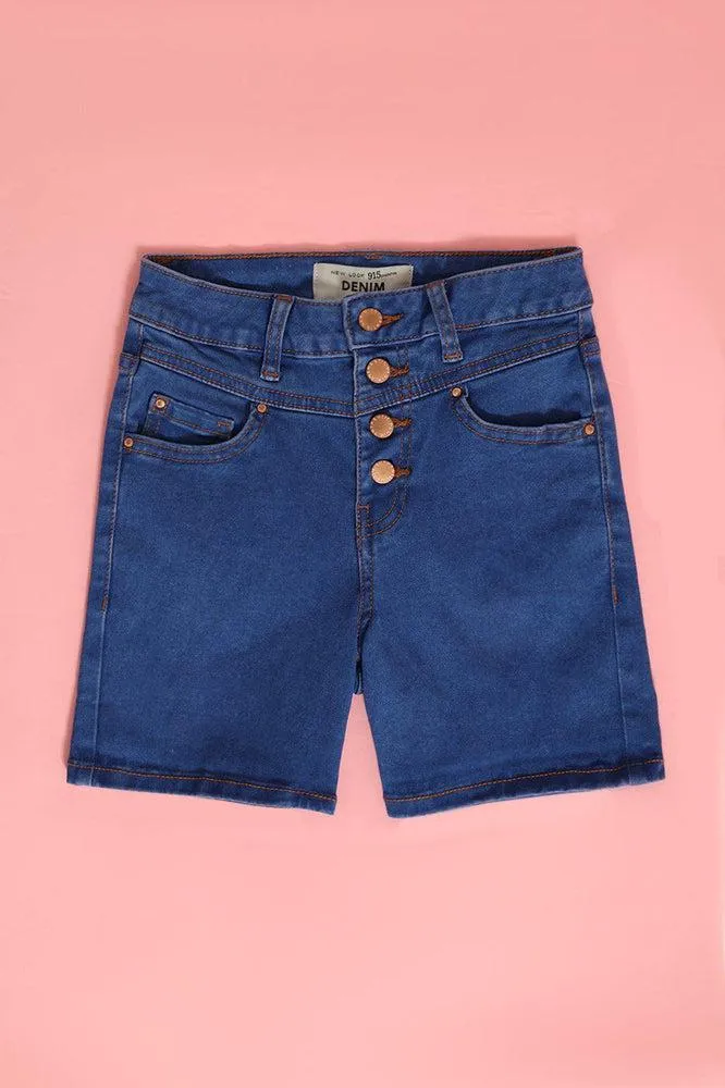 Blue Button Front Girls Shorts