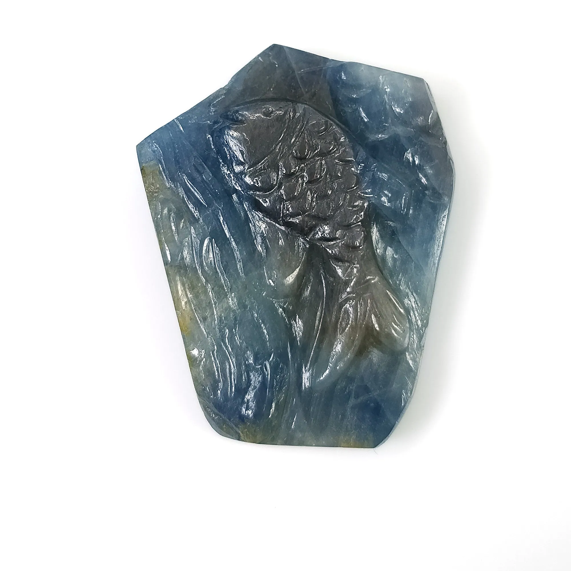 BLUE SAPPHIRE Gemstone Carving : 68.10cts Natural Untreated Unheated Sapphire Hand Carved Fish 34*26mm (With Video)