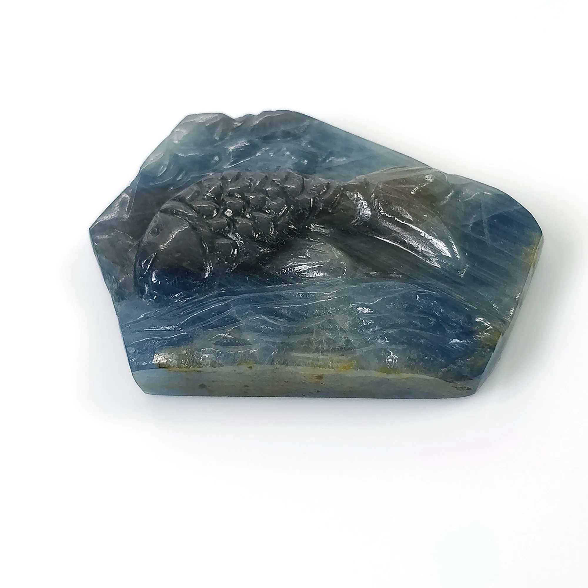 BLUE SAPPHIRE Gemstone Carving : 68.10cts Natural Untreated Unheated Sapphire Hand Carved Fish 34*26mm (With Video)