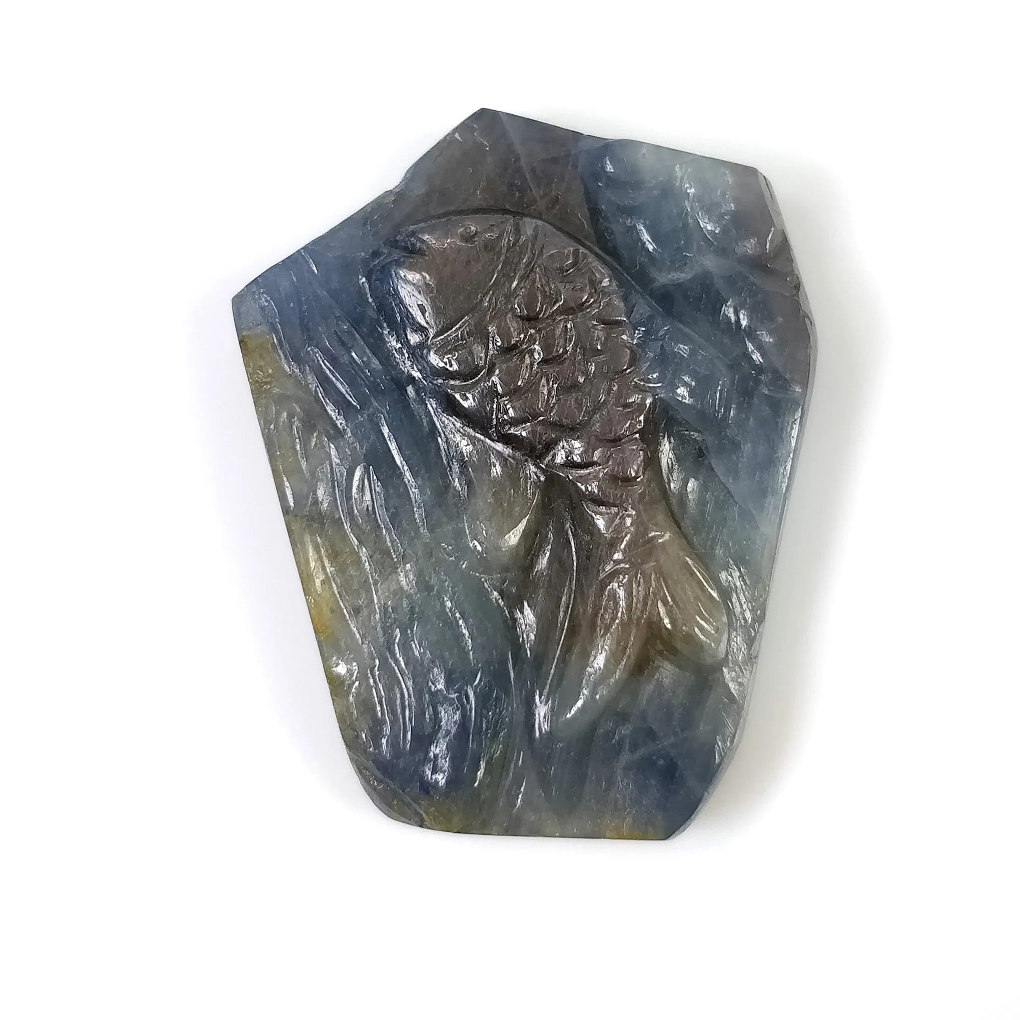 BLUE SAPPHIRE Gemstone Carving : 68.10cts Natural Untreated Unheated Sapphire Hand Carved Fish 34*26mm (With Video)