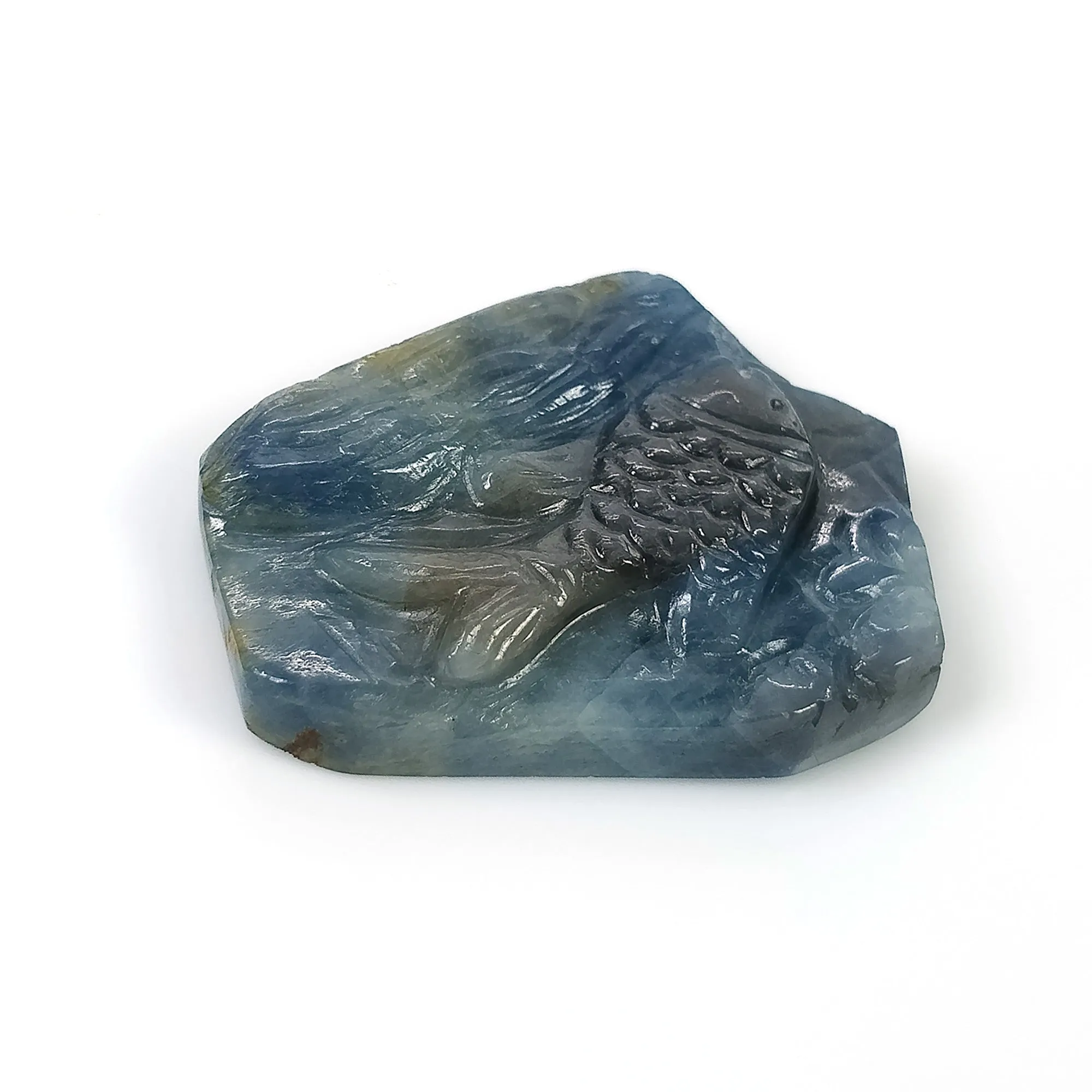 BLUE SAPPHIRE Gemstone Carving : 68.10cts Natural Untreated Unheated Sapphire Hand Carved Fish 34*26mm (With Video)