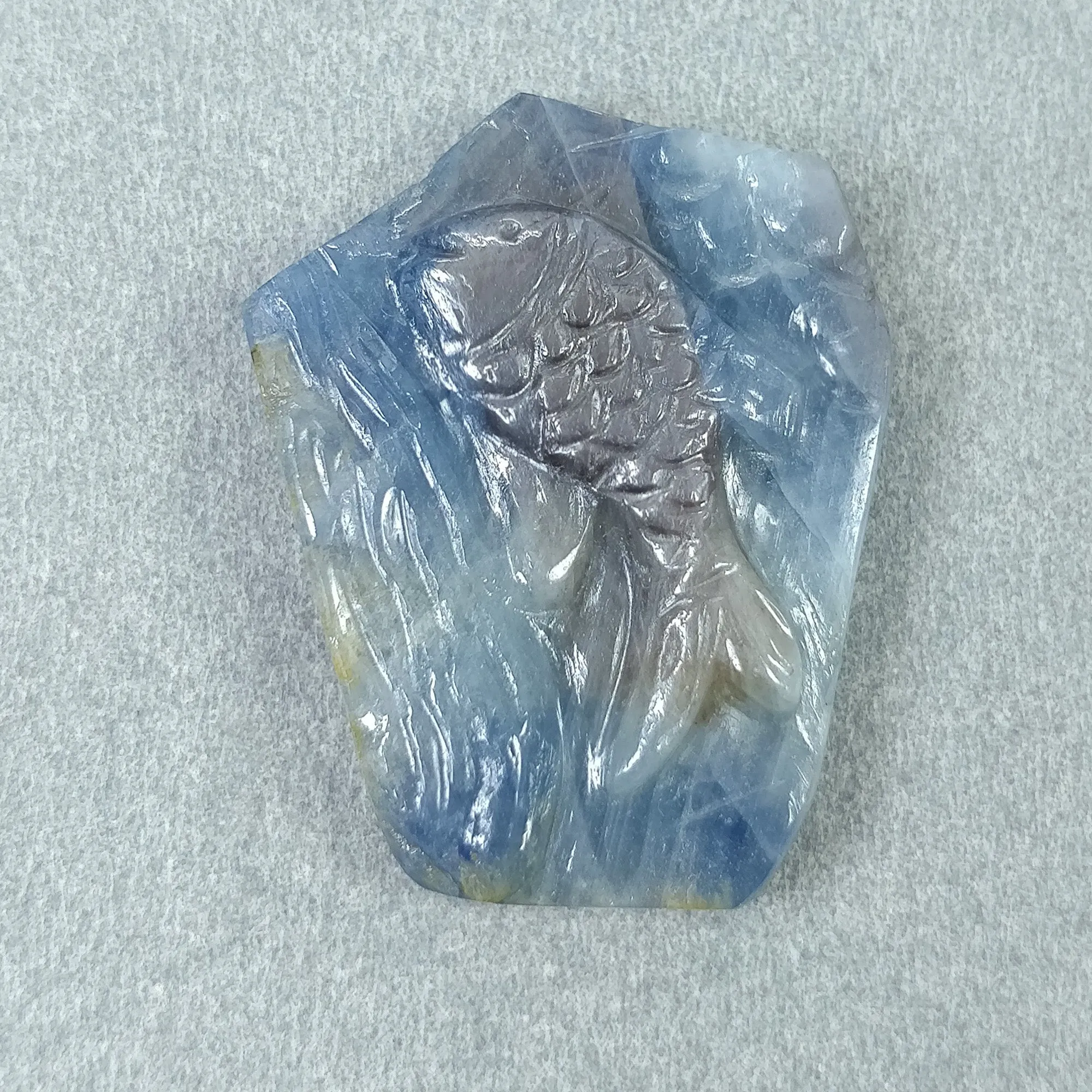 BLUE SAPPHIRE Gemstone Carving : 68.10cts Natural Untreated Unheated Sapphire Hand Carved Fish 34*26mm (With Video)