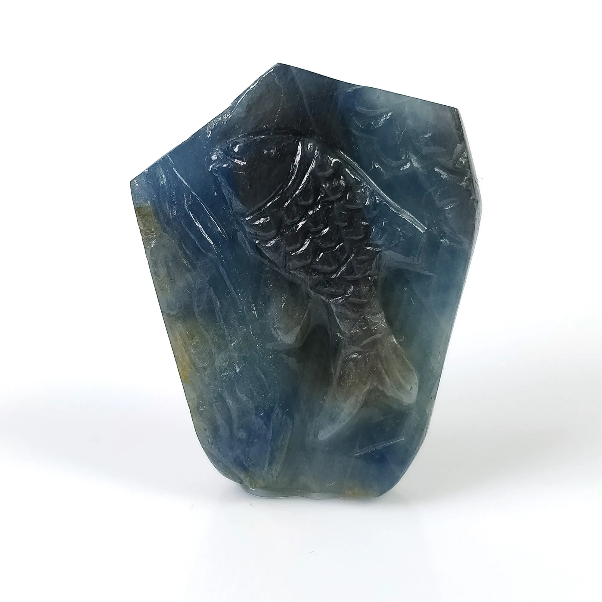 BLUE SAPPHIRE Gemstone Carving : 68.10cts Natural Untreated Unheated Sapphire Hand Carved Fish 34*26mm (With Video)