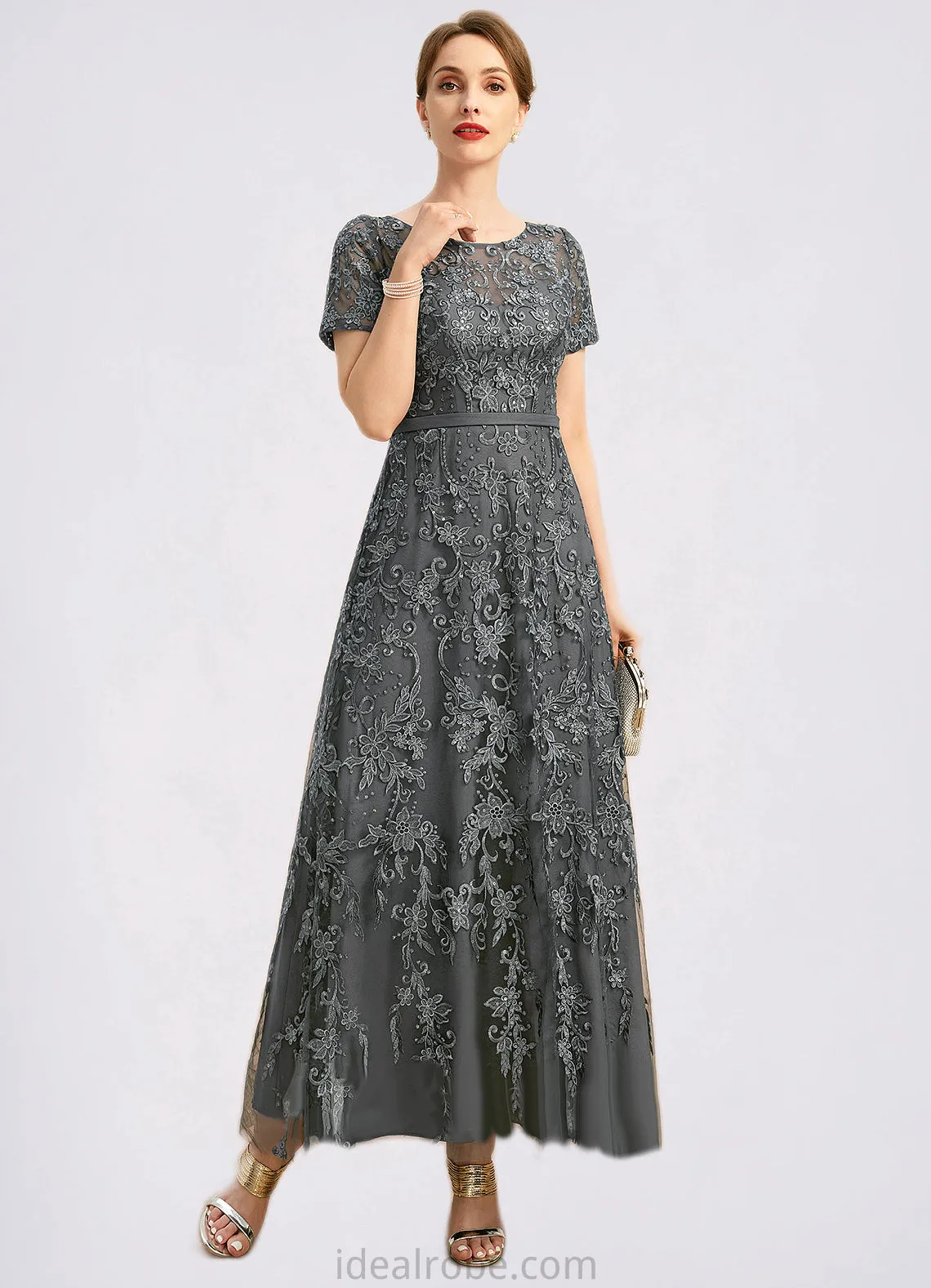 Braelyn A-line Scoop Illusion Ankle-Length Chiffon Lace Mother of the Bride Dress With Sequins STKP0021753