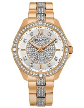 Bulova Womens Crystal Dress Watch - Rose-Tone - Bracelet - Silver Crystal Dial