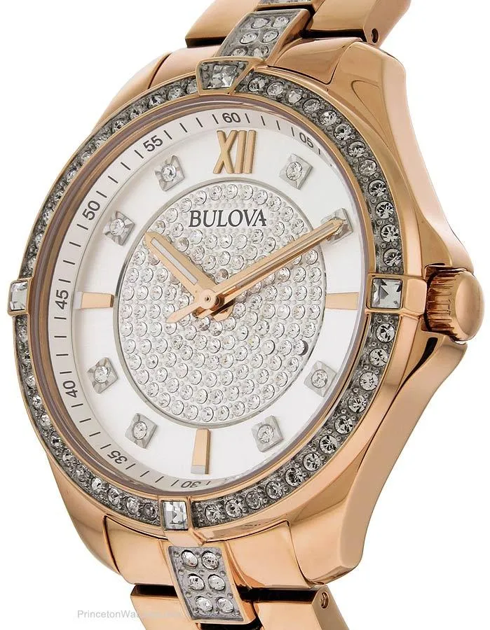 Bulova Womens Crystal Dress Watch - Rose-Tone - Bracelet - Silver Crystal Dial