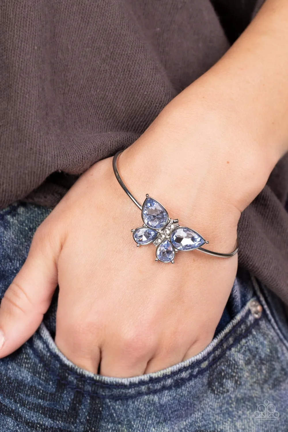 Butterfly Beatitude Blue Rhinestone Butterfly Cuff Bracelet - Paparazzi Accessories