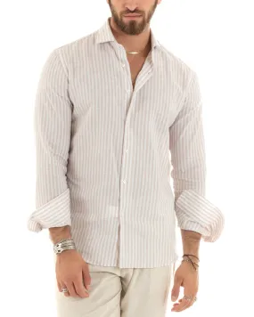 Camicia Uomo Con Colletto Francese Sartoriale Manica Lunga Lino Rigata Stretta Beige GIOSAL-C2689A