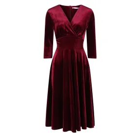 Claret Red Velour Deep V Wrapover 3/4 Sleeve Swing Dress