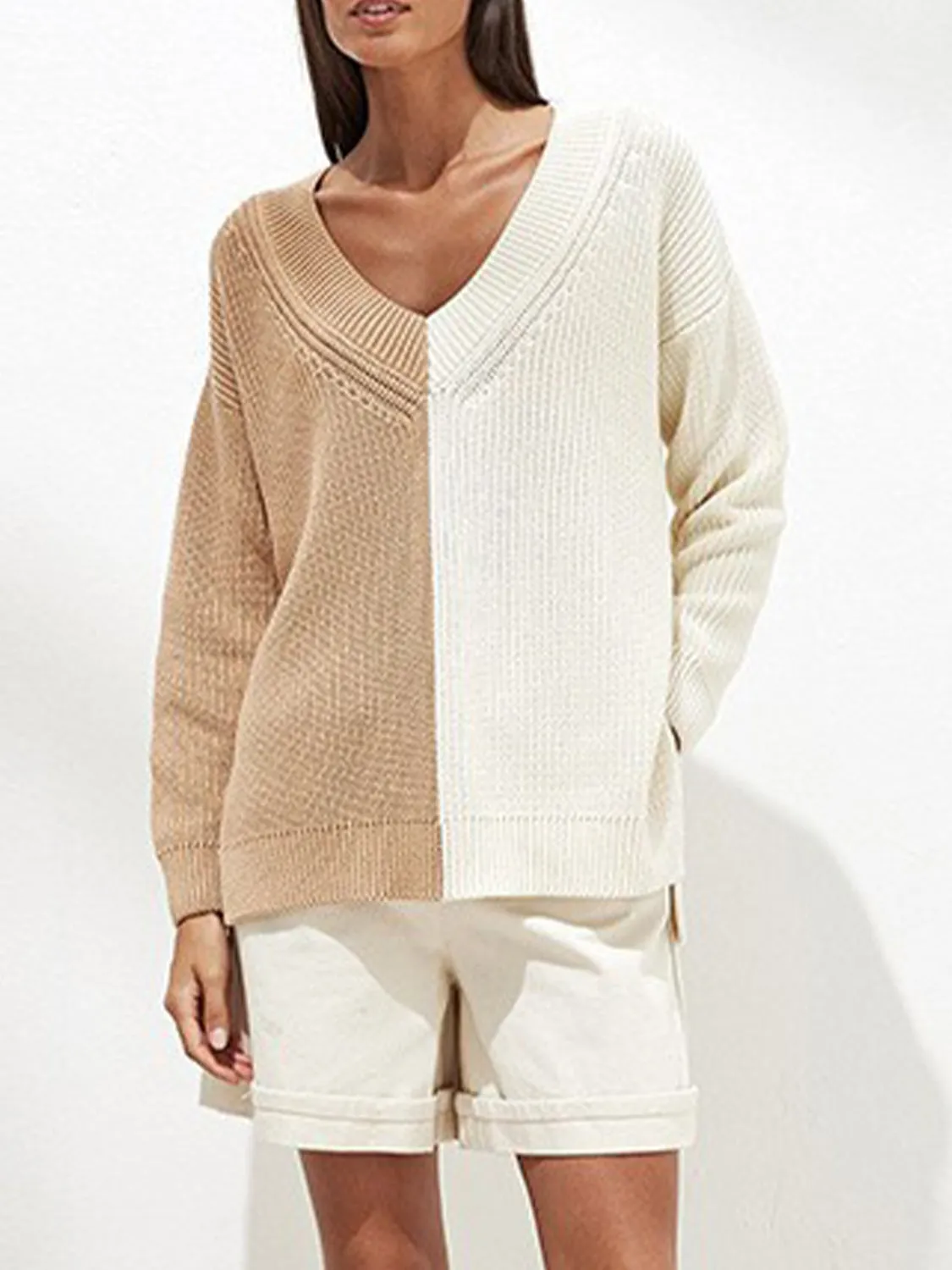 Contrast V-Neck Dropped Shoulder Sweater