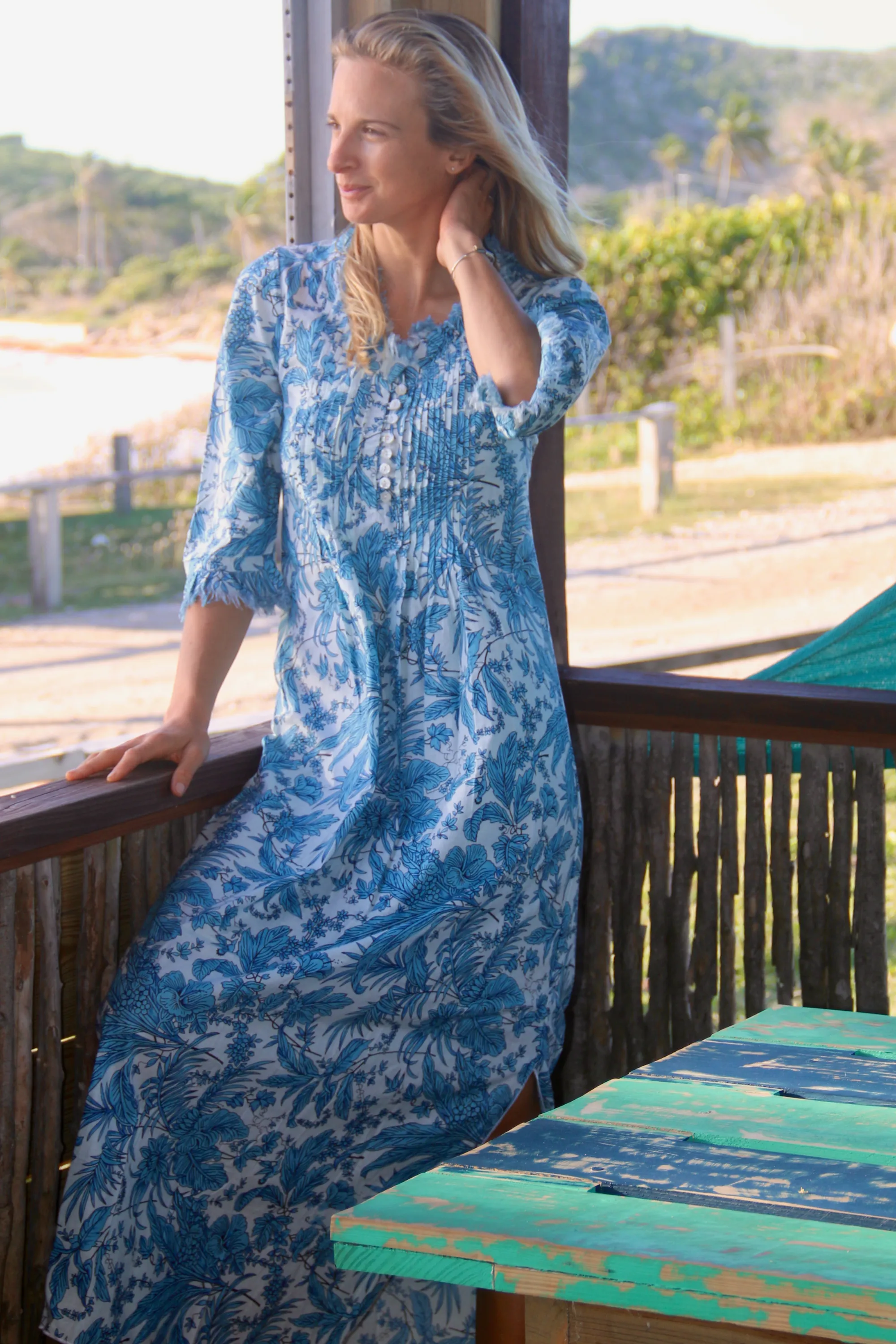 Cotton Annabel Maxi Dress in White & Sky Blue