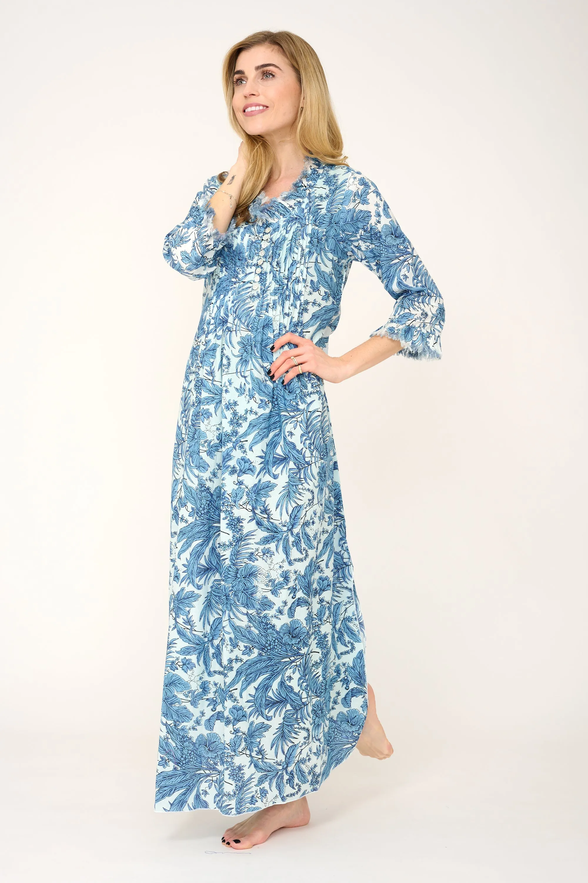 Cotton Annabel Maxi Dress in White & Sky Blue