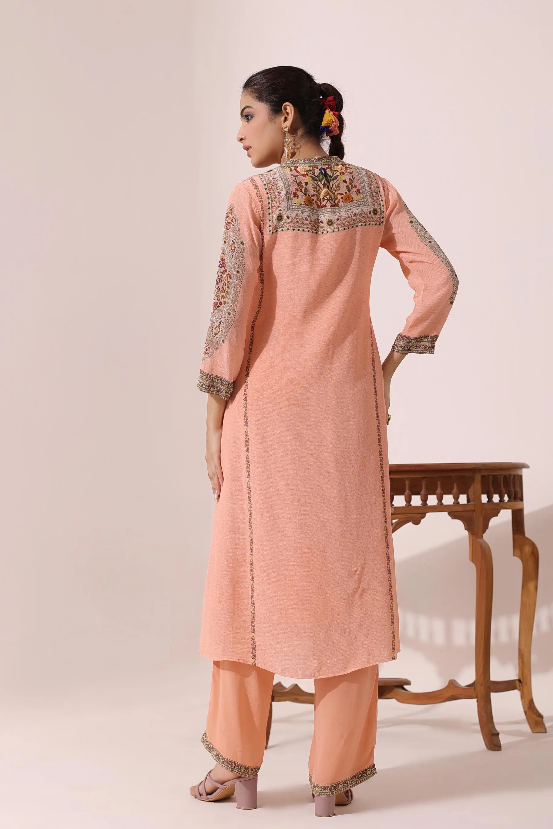 Creamy Peach Embroidered Crepe Silk Pant Set