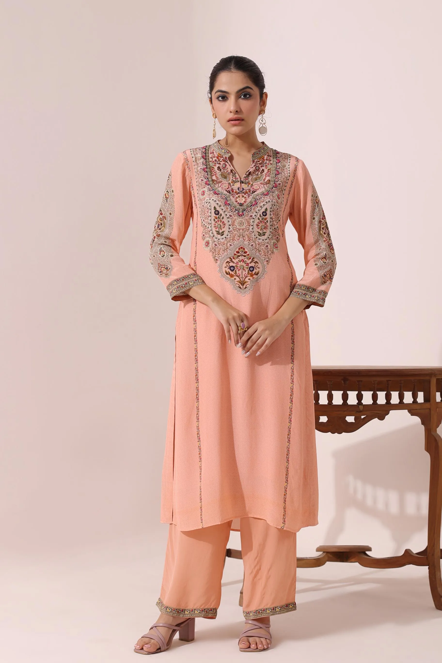 Creamy Peach Embroidered Crepe Silk Pant Set