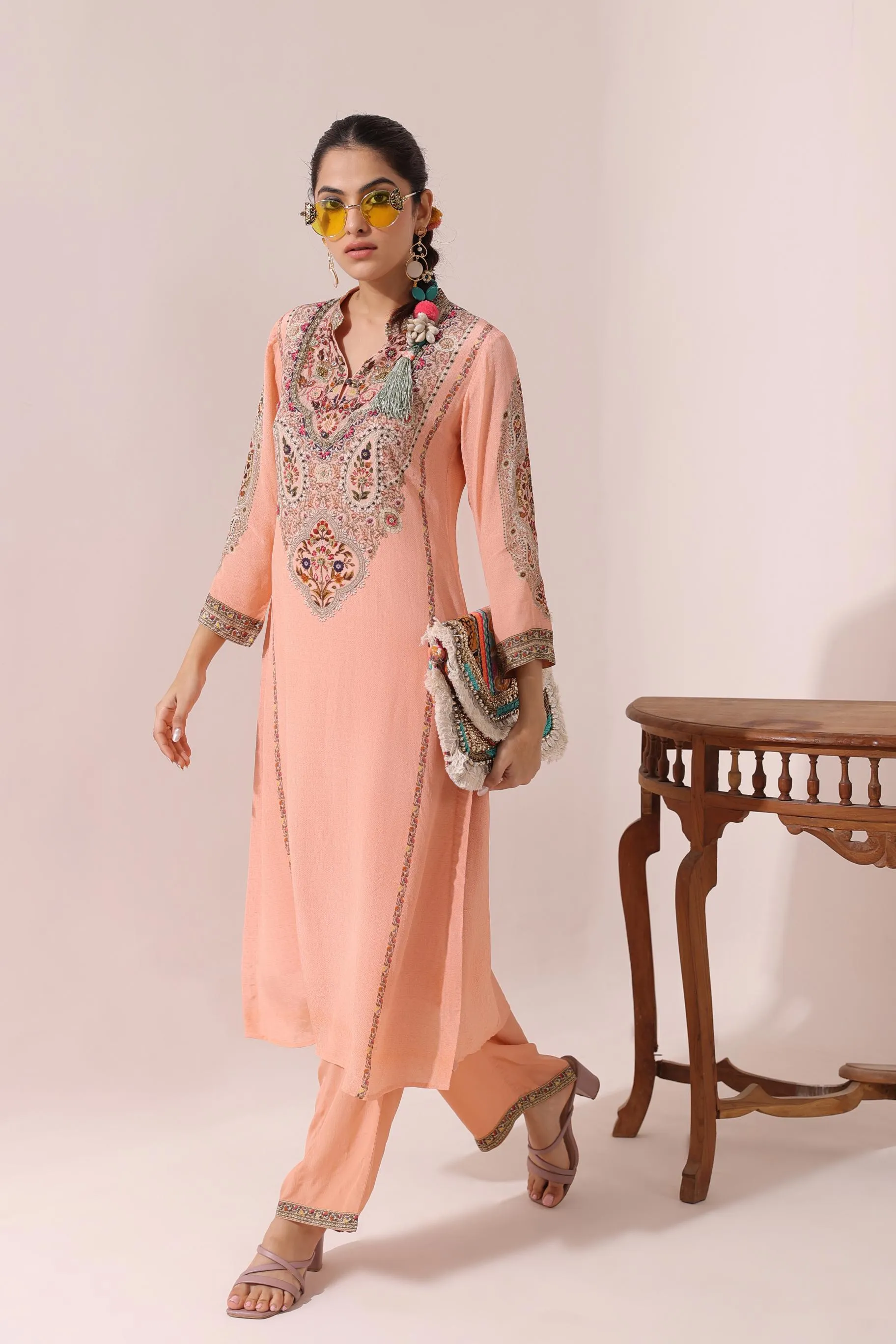 Creamy Peach Embroidered Crepe Silk Pant Set