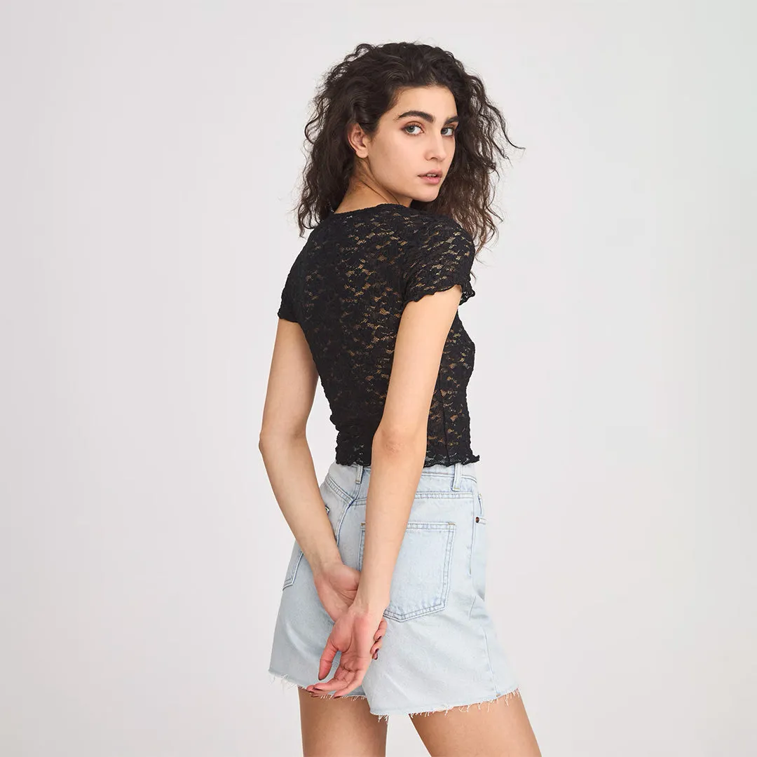 Crew Neck Short Sleeve Cropped Lace T-Shirt