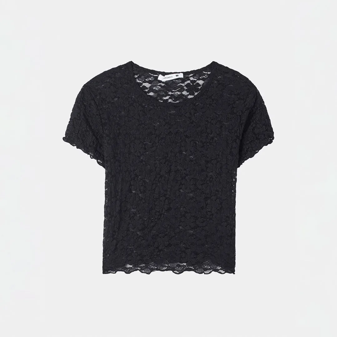 Crew Neck Short Sleeve Cropped Lace T-Shirt