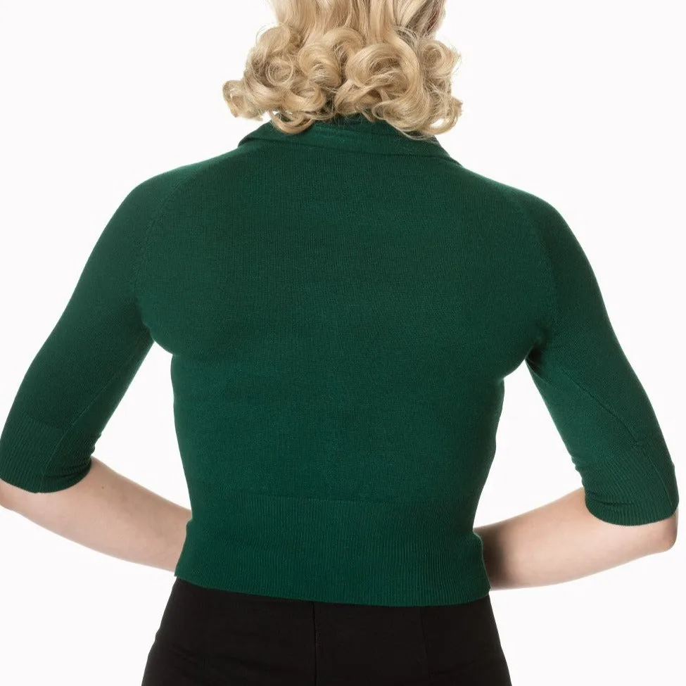 Dark Green Short Sleeve Crop Collar Cardigan