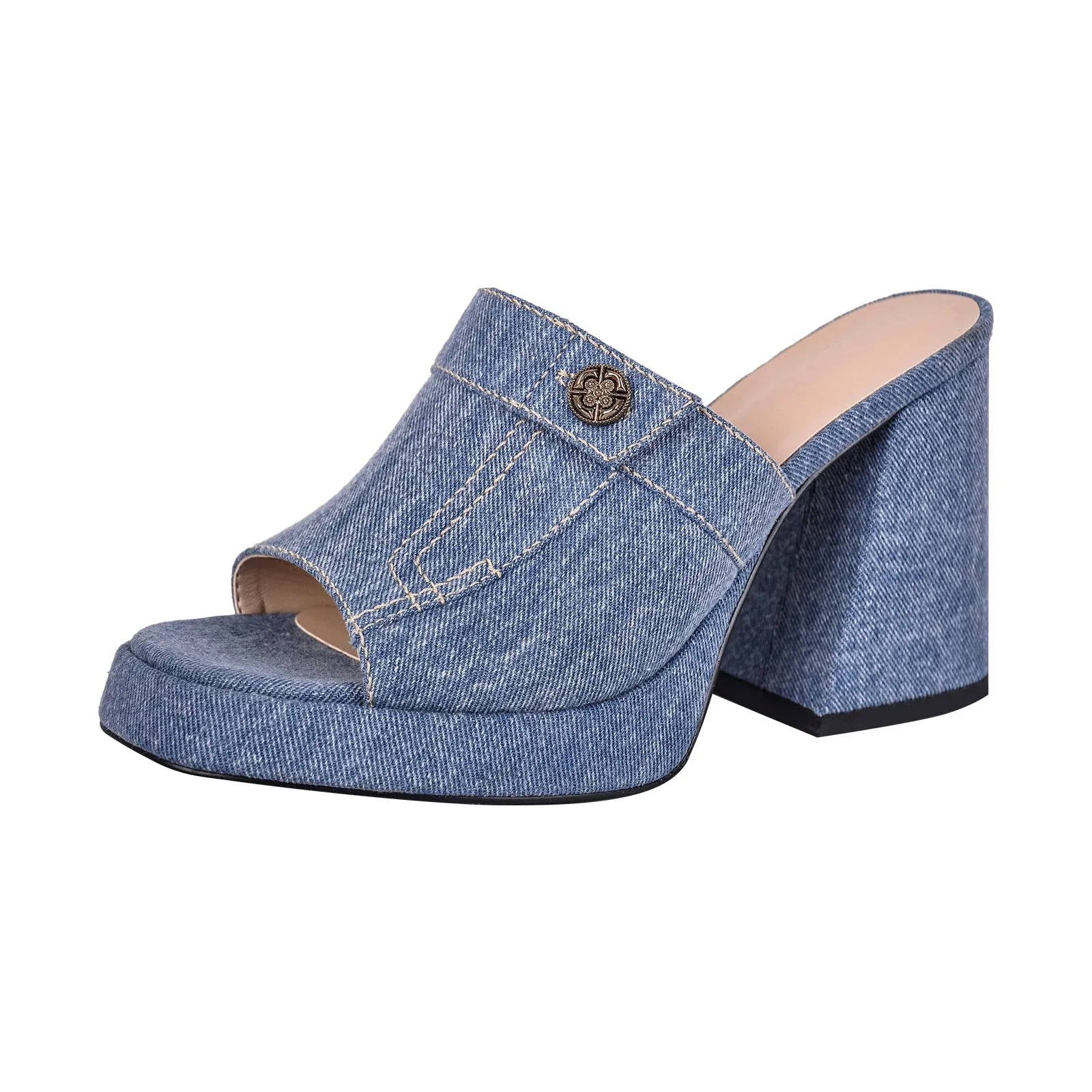 Denim Round Toe Platform Chunky Heel Sandals