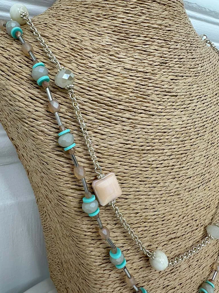 Envy Beaded Double Strand Necklace - Aqua & Blush